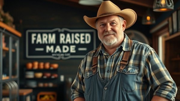 Michigan cherry industry news: farmer in rustic store with farm-raised sign.