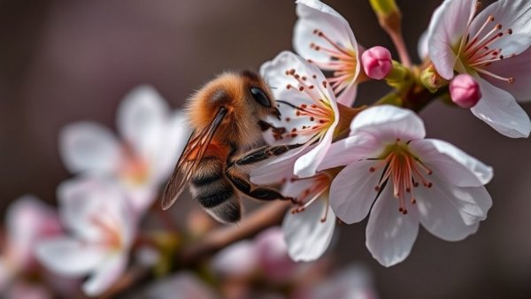 Macro shot of cherry blossoms with a bee, Michigan gardening zone
