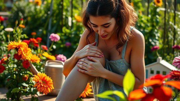 Woman experiencing mosquito bites in garden, vibrant flowers, sunlight.