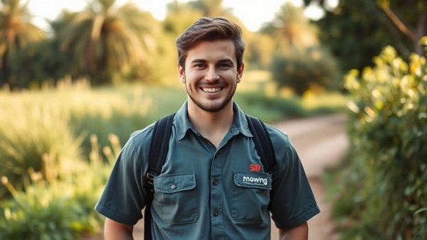 Confident man in SB Mowing attire, outdoors on a tree-lined path, smiling.