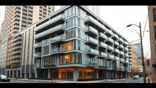Modern residential building in city for rental property oversight services.