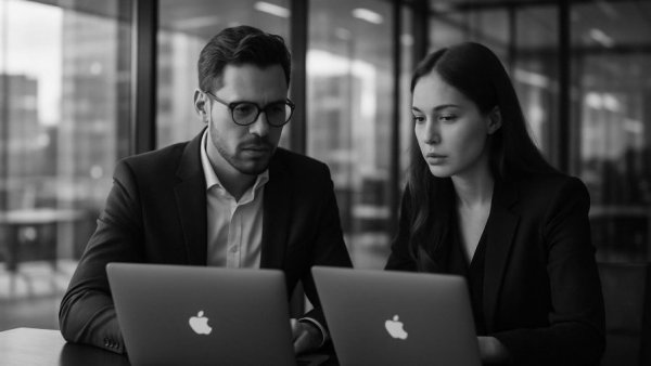 Business professionals discussing digital ad fraud in a modern office.