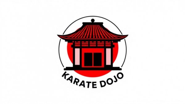 Traditional karate dojo logo with black and red design.