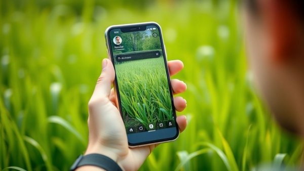 Smartphone with LawnStarter’s Instant Quote app in a green lawn setting.