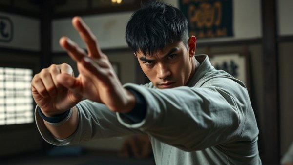 Intense martial artist in defensive pose, classic martial arts films setting.