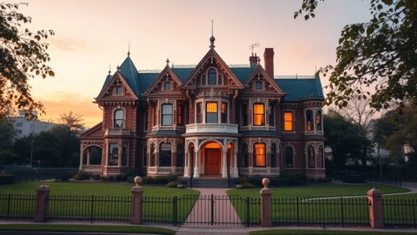 Historic Victorian home for sale at sunset with charming architecture