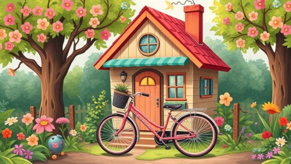 Charming cartoon house with a bicycle in Bethel Park garden