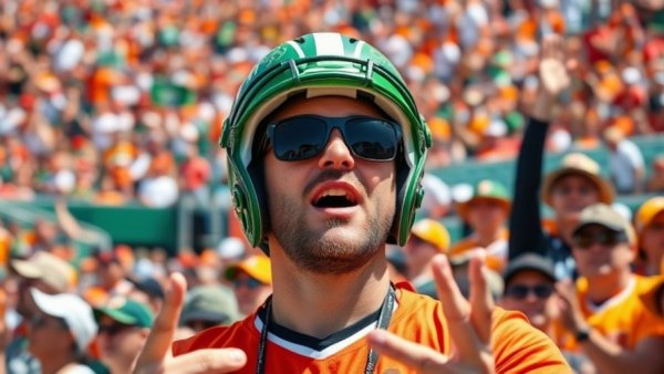 Excited fan with a green helmet cheers at a Michigan State football game.