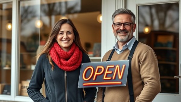 Happy business owners with 'Open' sign representing small business loans in Michigan.