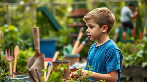 Young boy discussing gardening as a response to West Michigan food prices.