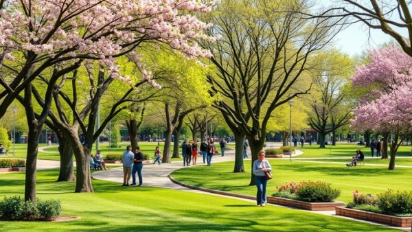 Oakland Park landscape with blooming trees and visitors enjoying a sunny day.