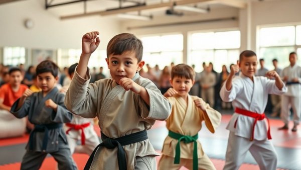 Children showcasing confidence in martial arts class, supported by audience.