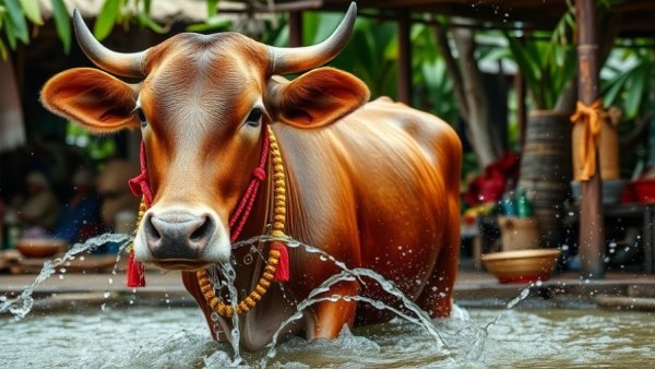 Decorated cow in Bangladesh cattle market being splashed with water.
