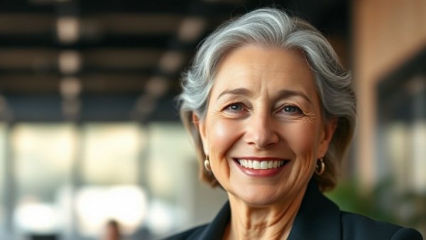 Professional woman smiling confidently in an office setting.