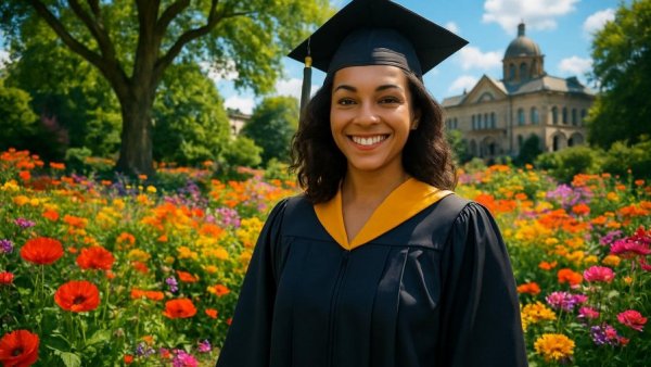 Smiling graduate outdoors in vibrant garden with building in background.