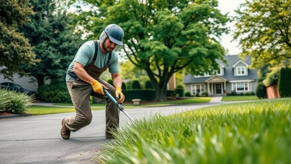 Lawn care worker trimming grass in a suburban neighborhood affected by high gas prices.