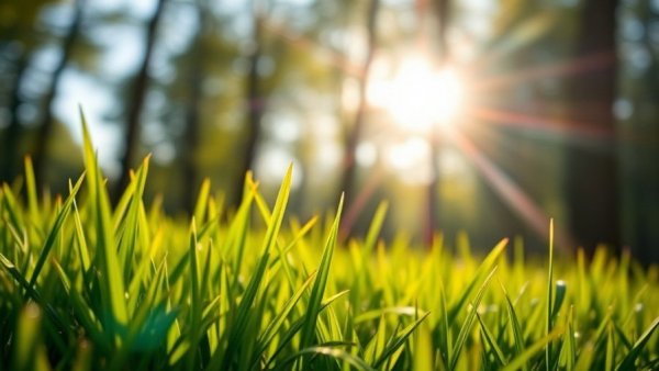 Lush lawn with sunlight indicating fertilization and weed control benefits.