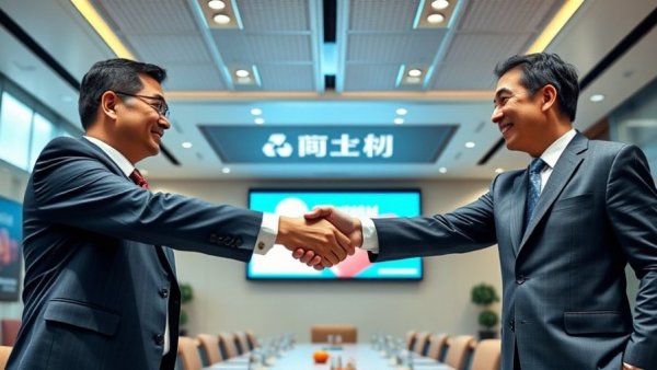 Businessmen shaking hands in Nongshim quick commerce partnership event.