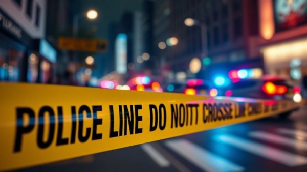Yellow police tape with 'POLICE LINE DO NOT CROSS' text in a city scene.