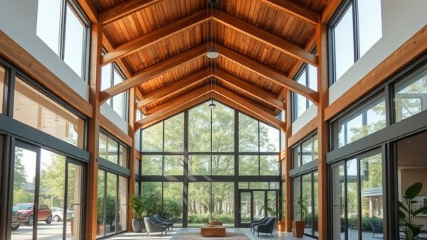 Modern timber construction interior with large windows and beams.