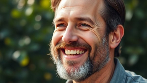 Smiling man outdoors with swirling green background