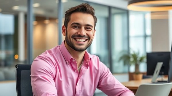 Confident smiling man in modern office, AI in real estate setting.