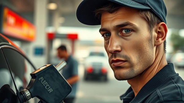 Gas station attendant refueling a car, realistic scene.