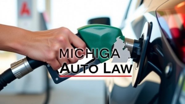 Close-up of hand refueling car with Michigan Auto Law logo.