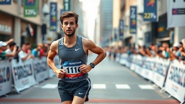 Runner at Boston Marathon finish line with cheering crowd.