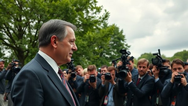 Prominent figure addressing press with intensity outdoors amid vibrant greenery.