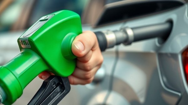 Close-up of green gas pump nozzle filling a tank in Michigan.
