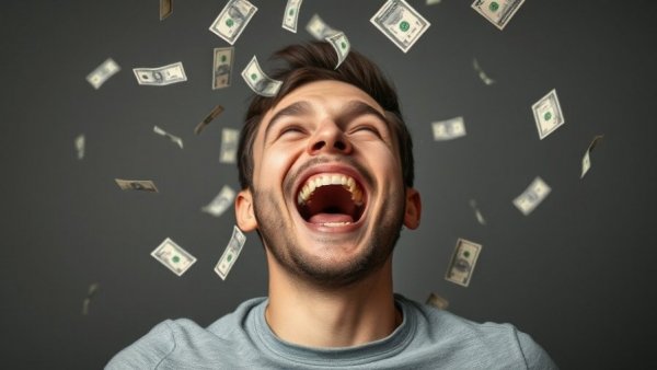 Ecstatic man celebrating with money, resembling Michigan Lottery Winning Numbers Archive excitement.