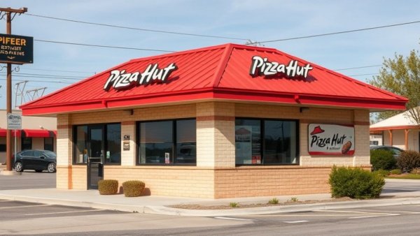 Exterior of a classic Pizza Hut location with iconic red roof.