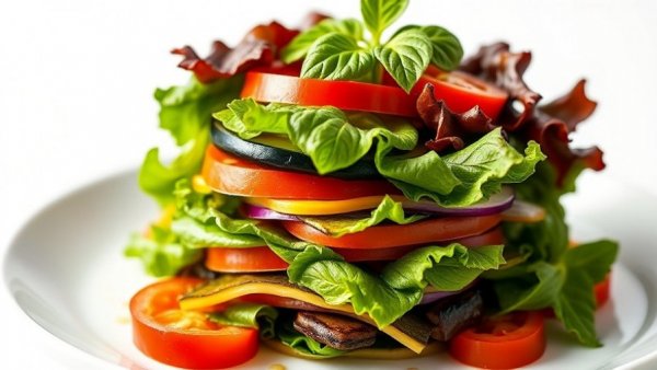 Gourmet vegetable stack with sauces at restaurant in Birmingham MI.