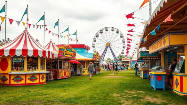 Lively Michigan festival in June with colorful stalls and Ferris wheel.