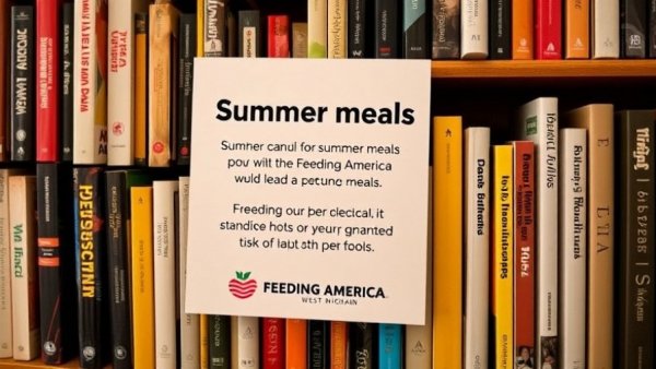 Sign promoting free summer lunch programs Michigan in library.
