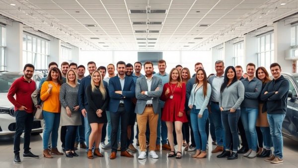 Cheerful team in Michigan car dealership for auto reviews.