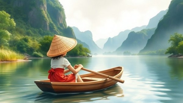 Whimsical illustration of Dàoism principles with a child rowing on a peaceful river.