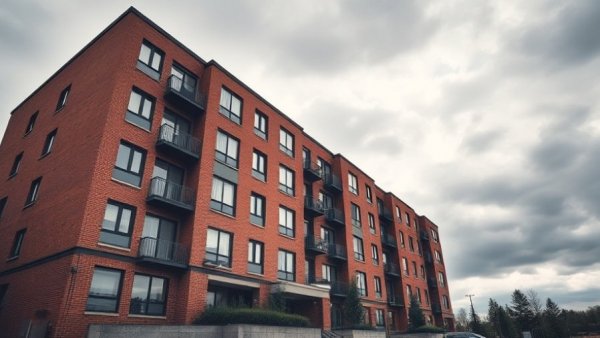 Overcast modern apartment building, rental property oversight services.