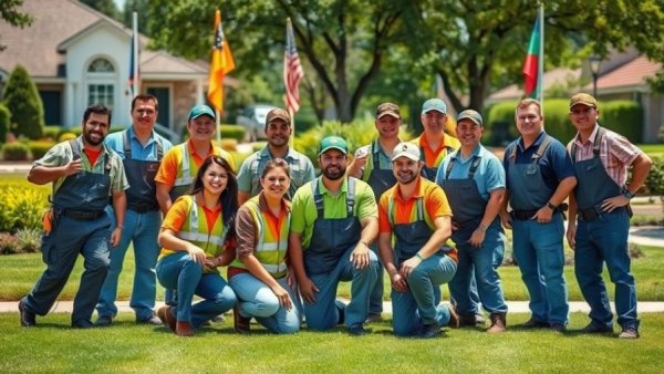 Lawn care team in Muskegon posing in front of equipment, sunny day.