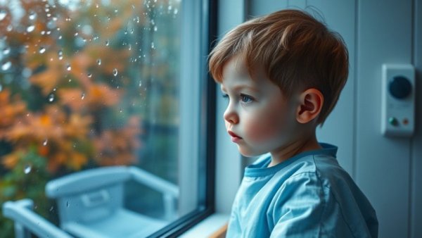 Young child looking out rainy hospital window, Blue Cross Blue Shield Michigan Medicine deal.