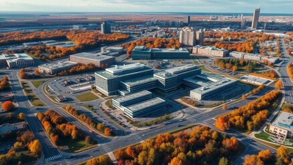 Aerial view of Michigan Medicine with sprawling cityscape.