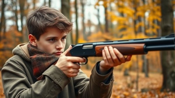 Young person practicing target shooting in a wooded area.