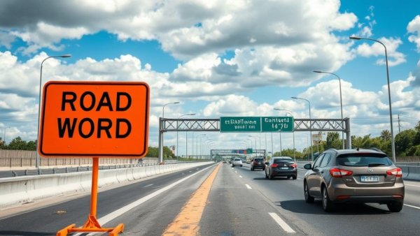 Bright orange road work sign on highway, traffic in distance.