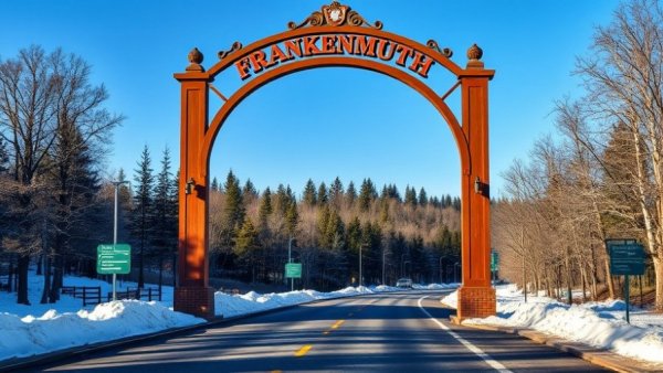 Frankenmuth Bavarian archway in winter, Michigan Travel Commission.
