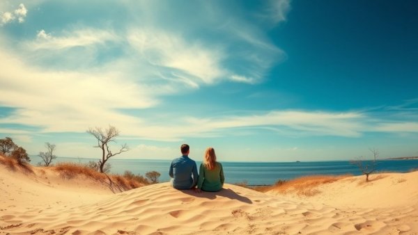 Peaceful Lake Michigan road trip scene with two people on a dune.