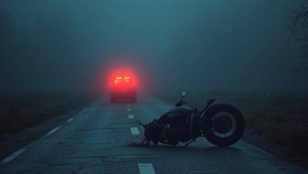 Montcalm County motorcycle accident scene with fog and police lights.