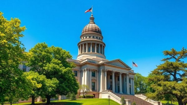 Michigan State Capitol Building with lush green trees on a sunny day.