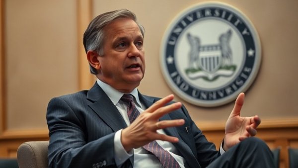 Middle-aged man in a suit discussing at university, Michigan State seal behind.