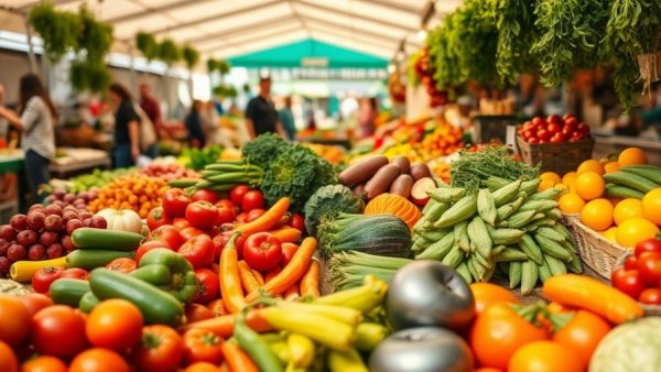 Vibrant farmers market scene displaying colorful produce in Michigan.